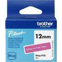 Brother Btag-P35 -tarranauha 12 mm x 4 m, valkoinen vaaleanpunaisella pohjalla