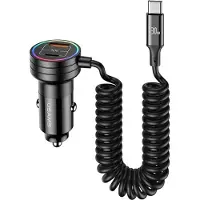 Usams US-CC167 autolaturi 60W USB-C- ja USB-A-porteilla sekä USB-C-kaapelilla - musta
