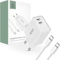 Tech-Protect C35W Kaksoisporttinen USB-C-seinälaturi USB-C-kaapelilla - Valkoinen