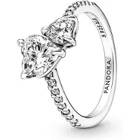 Pandora Double Heart Sterling Silver Ring With Clear Cubic Zirconia - Silver - 48