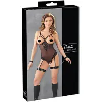 Cottelli Bondage - bodysuit ja käsikahleet metallirenkailla - musta - L