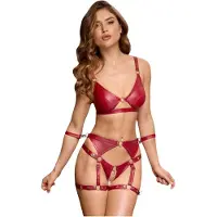 Cottelli Bondage: Kiiltävä rintaliivisetti ja käsikahleet (punainen) - L
