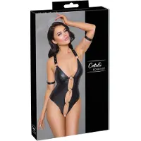 Cottelli Bondage - avoin body renkailla - kiiltävä musta - M
