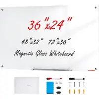 Vevor Magneettinen lasitaulu , kuivapyyhkimistaulu 900 x 600 mm, seinälle kiinnitettävä iso valkoinen lasilevy, kehyksetön, merkkialustalla, pyyhekumilla ja 2 tussilla, valkoinen