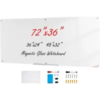 Vevor magneettinen lasivalkotaulu, kuivapyyhintätaulu 72"x36", seinälle kiinnitettävä suuri valkoinen lasitaulu ilman kehyksiä, tussialusta, pyyhekumi ja 2 tussia, valkoinen