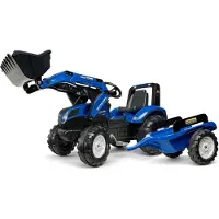 Falk New Holland polkutraktori kauhakuormaajalla ja peräkärryllä