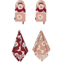 Marimekko Unikko keittiötekstiilisetti 4 osaa, punainen/vaaleanpunainen