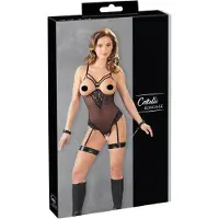 Cottelli Bondage - bodysuit ja käsikahleet metallirenkailla - musta - XL