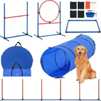 Vevor -koiran agility-koulutusvälineet, 5-osainen sarja säädettävillä korkeilla aidoilla, 6 punotulla kepillä, tunneli, hyppyrengas, taukolaatikko, pilli, kokoontaitettava kulho, pentujen esteratasarja