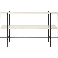 Gubi TS Console pöytä 120x30x72 cm Natural white travertine, musta runko, 2 marmorihyllyä