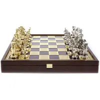 Manopoulos Kreikan Rooman aikakauden metallinen shakkisetti, jossa 41cm puinen shakkilauta/laatikko