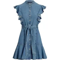 Ralph Lauren Belted Denim Flutter-Sleeve Shirtdress - Blue - 44