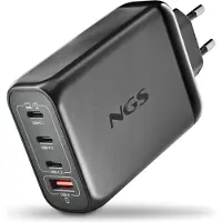NGS BUD 140W : GaN Yleisö seinälaturi 140W, jossa on 4 porttia: 3 USB-C + 1 USB-A. Nopea lataus. Suuri yhteensopivuus. Lataa sim.