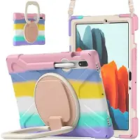 SKALO Samsung Tab S9/S9 FE Extra Shock Resistant Armor Rengas kuori olkahihnalla - Rainbow