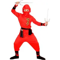 Widmann "PUNAINEN LOHIKÄÄRMEEN NINJA" (hupputakki, housut, vyö, kasvonaamio, käsi- ja jalkasiteet)