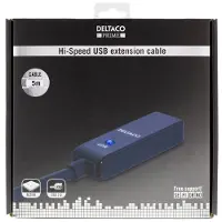 Deltaco 2.0 USB-A -jatkokaapeli, aktiivinen, uros-naaras, 5m, musta