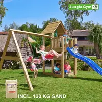 Jungle Gym Cubby leikkitorni ja Swing Module Xtra 120 kg hiekkaa sekä liukumäki