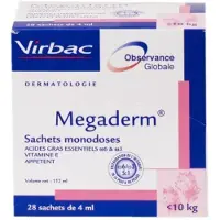 Virbac Megaderm lisäaine koirille ja kissoille enintään 10 kg iho-ongelmiin, 28 x 4 ml