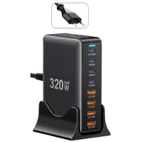 Essager 320W GaN moniporttinen pöytälaturi - 4x USB-A & 4x Type-C portit, EU-pistoke - musta