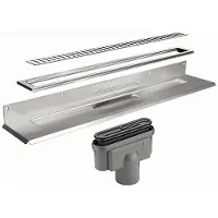 Unidrain 1004 liitin takalaipalla 800 mm, ClassicLine-ritilä Pylväs, runko H10 ja poistokotelo Ø 75 mm pystysuorassa, sis. vesilukon ja puisen vesilukon