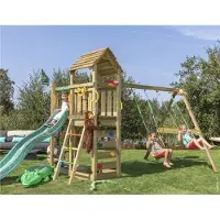 Jungle Gym Safari sekä keinumoduuli, kaksi keinua ja tummanvihreä liukumäki