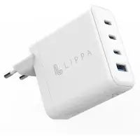 Lippa 100W PD & QC GaN seinälaturi - 3x USB-C, USB-A - Valkoinen