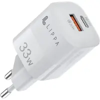 Lippa 33W PD & QC GaN seinälaturi - USB-C, USB-A - valkoinen