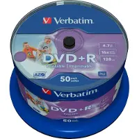 Verbatim – DVD+R, 16x, 4.7 GB/120 min, 50-pack spindel, AZO, printable (43512)