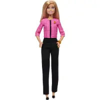 Barbie Careers -nukke ja tarvikkeet. Tulevaisuuden johtaja vaaleilla hiuksilla. Asussa on kaksi kultaista rannekorua ja B-pinni. Mukana tarra lapsille