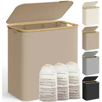 Songmics Pyykkikori 150 L kannella ja 3 osastolla 60 x 38,5 x 70,5 cm kamelinruskea