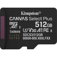 Kingston Canvas Select Plus 512 Gt MicroSDXC UHS-I U3 V30 A1 -muistikortti + SD-adapteri, musta