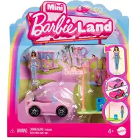 Barbie Mini BarbieLand -nukke ja leluajoneuvosetti 1,5-tuumainen nukke ja muunnettava auto v ri vaihtavalla yll tyshahmolla sek katukylttilis v