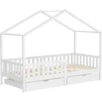 ECD-Germany ML-Design lasten sänky talon sänky 90x200 cm valkoinen, jossa 2 laatikkoa, puinen sänky putoamissuojalla, ristikoiden runko ja katto, leikkisänky