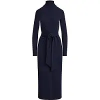 Ralph Lauren Tie-Front Cotton-Blend Turtleneck Dress - Navy - M