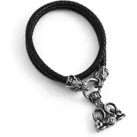 Lykken Viking Thor-teräskaulakoru nahkaketjulla, sudenpäillä ja Mjölnir-riipuksella 60cm