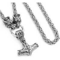Lykken Viking Thor-teräskaulakoru sudenpäillä, Mjölnir-riipuksella ja bysanttilaisketjulla 60 cm