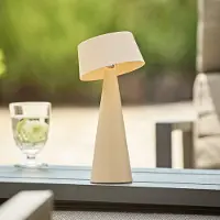Sigor LED-akku-pöytävalaisin Solino, beige, aurinko/USB, 26 cm, IP44 himmennettävä, Kerma/meripihka, Olohuone/ruokailutila, Alumiini, Moderni