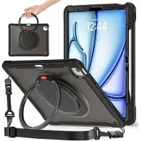 SKALO iPad Air 13 (2025) Erittäin Iskunkestävä Armor-rengas Olkahihnalla Suojakuori - Musta