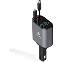 24hShop AutoSky 4-in-1-autolaturi, jossa on sisäänvedettävät Lightning- ja USB-C-kaapelit