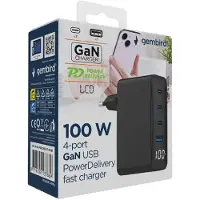 Gembird Universal charger 100W GaN 1xUSB-A 3xUSB-C fast charger LCD black
