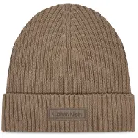Calvin Klein Patch Chunky Rib Cotton Beanie - Beige - ONE SIZE