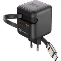 Forcell Latauslaite - - 70W GaN III - USB-C ja USB-A - Vedettävä kaapeli - Musta