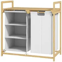 Hobby Hall Pyykkikori pyykkipussilla, kangaslaatikko, bambu, 70x36x70 cm, valkoinen/puu