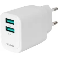 Deltaco – USB-seinälaturi, 2x USB-A, 12 W per portti, maksimiteho yhteensä 12 W, valkoinen (USB-AC200)
