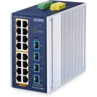 Planet ndustrial L2+ 16-Port 10/100/1000T 802.3at PoE + 4-Port 10G SFP+ Managed Ethernet Switch Hallittu L2+ Gigabit Ethernet (10/100/1000) Power over Ethernet -tuki Alumiini, Sininen (IGS-4215-16P4X)
