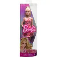Barbie Fashionistas -nukke #205, jossa on vaalea poninh nt , pinkki ja punainen kukkakuvioinen mekko, platform-sandaalit ja korvarenkaat. Sopii 3