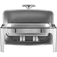 Vevor Roll Top -lämmitysastian buffet-setti, 9Qt ruostumattomasta teräksestä valmistettu lämmitin täysikokoisella pannulla, suorakaiteen muotoinen tarjoilulämmitin kannella, vesipannu, taittuva jalust