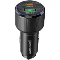 Swissten Autolaturi - - Nopea lataus 63W - USB-C Power Delivery 45W - USB 3.0 18W - Musta