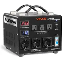 Vevor -jännitteen automaattinen muuntaja, 5000 VA, tehokas jännitteensäätäjä, 110–220 V ja 220–110 V, kolmella US-pistorasialla, kolmella EU-pistorasialla, LCD-näyttö, suojakatkaisija