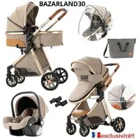 Hobby Hall BAZARLAND30. 3-in-1 Vauvan Vaunu Yhdistetty Turvaistuin Vaunu Trio Käännettävä Säädettävä Korkea Laatu Pistosuojatut Renkaat Khaki.